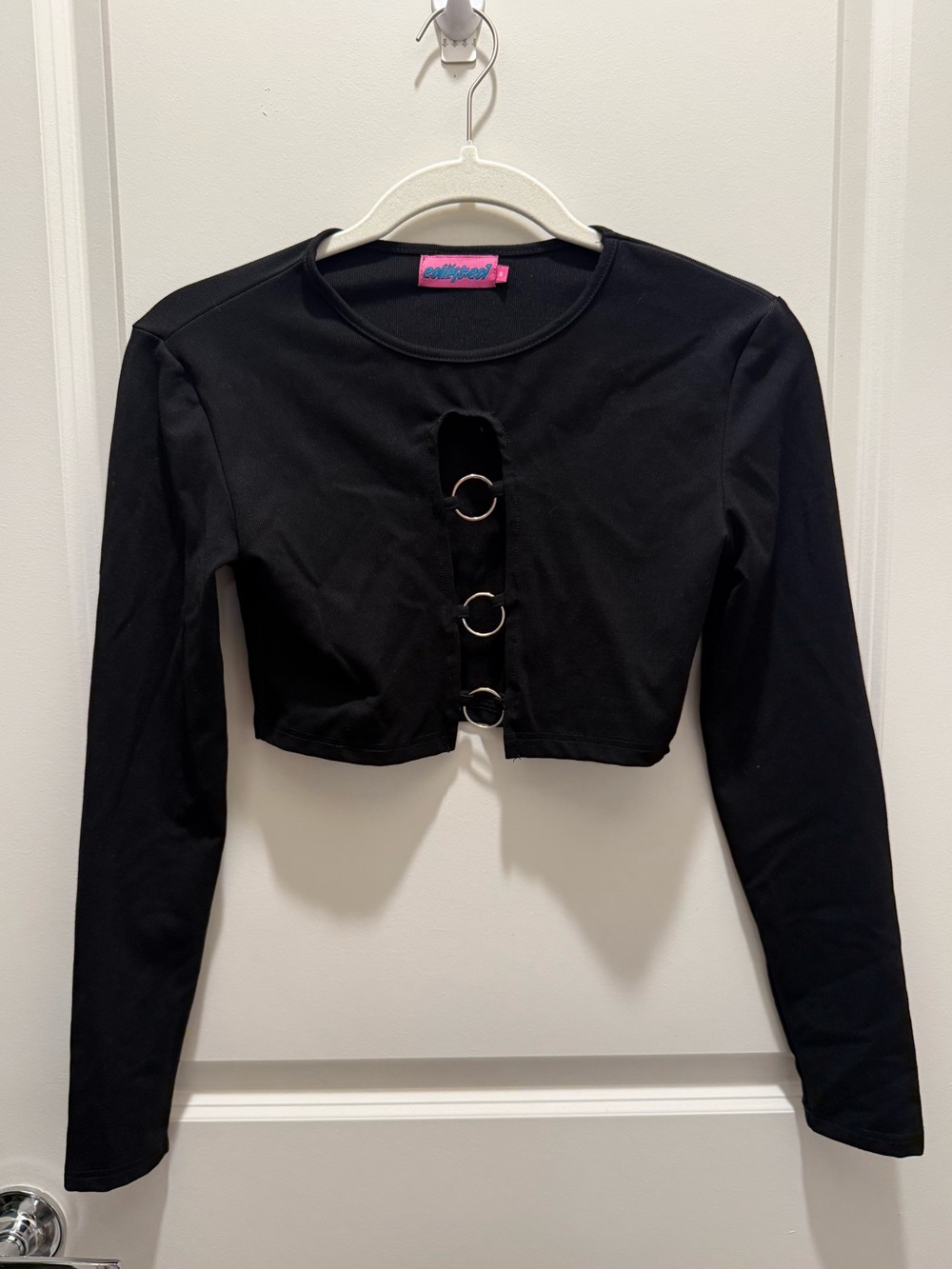 Edikted Black Long-Sleeve Cropped Top with Front Ring Accent
